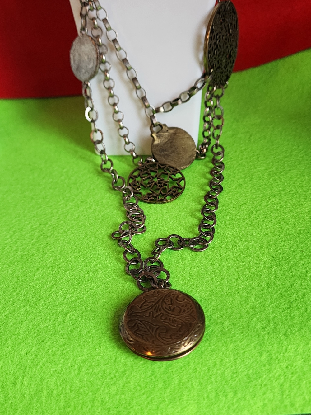 Vintage-Inspired Bronze Disc Layered Necklace - With Locket - Women Jewelry